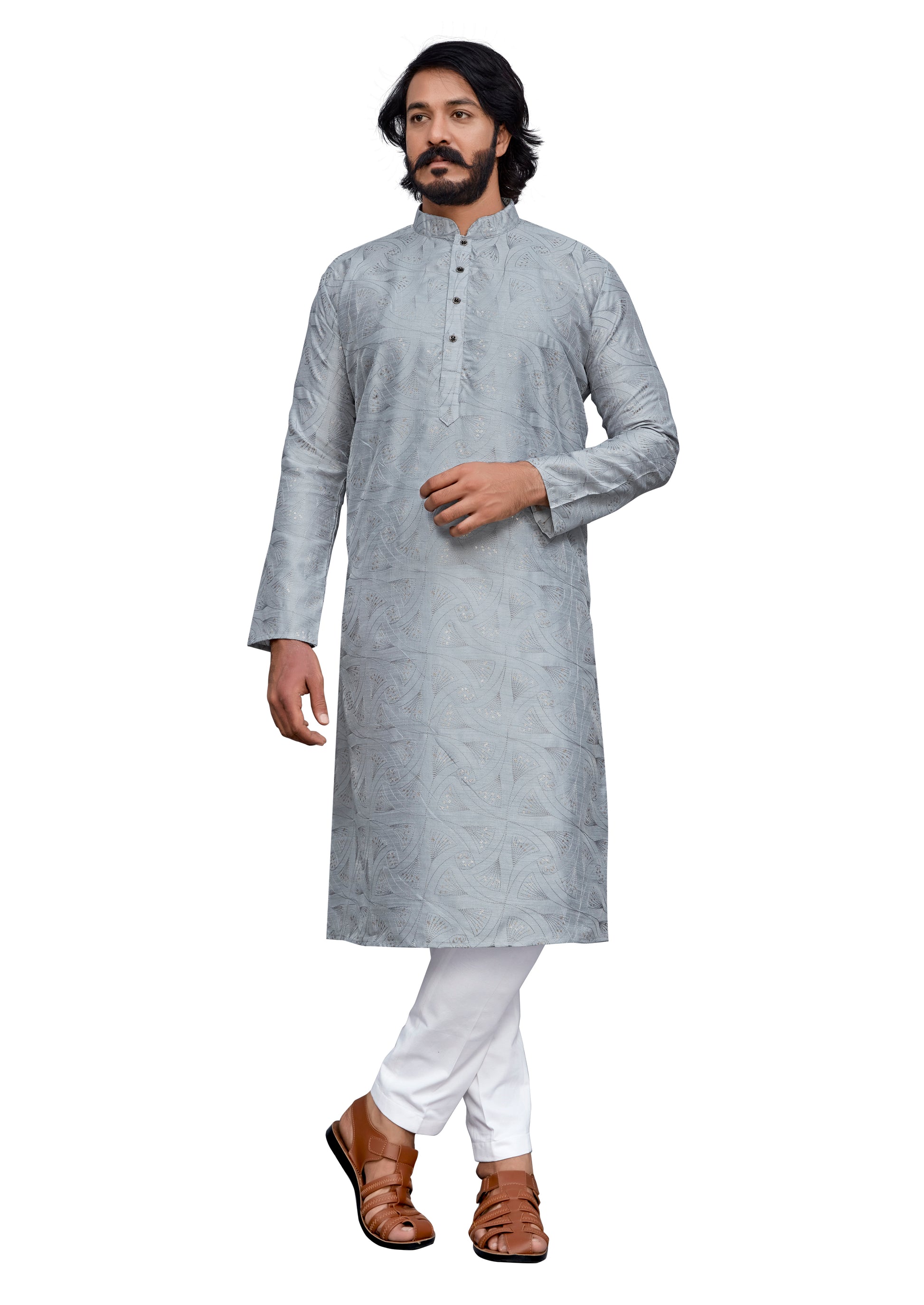 Embroidery Men's Kurta Pajama Online in USA - Dark Grey Kurta Pajama 